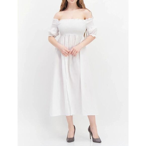 Ava + Esme Women's Sz 8 White Off The Shoulder Puff Sleeve Shirred Maxi Dress - Picture 8 of 10